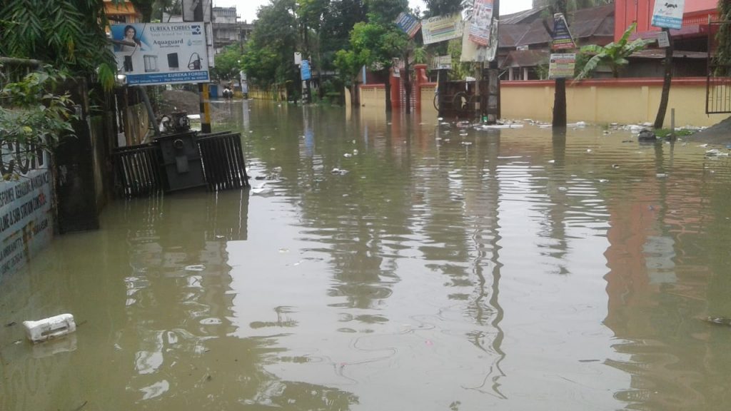 A stretch of road in Silchar Town's Samshan Road area submeged for non stop overnight rain of three hours