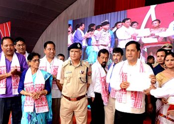 Chief Minister Sarbananda Sonowal delivered appointment letters to newly recruited constable (Armed Branch) of Assam Police organised by Home Department and Assam Police at Veterinary college field, Khanapara in Guwahati on 24-08-18. Pix By UB photos