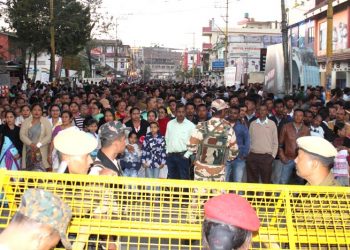 Supporters gathering out side the Panchyat Election poll counting hall at Sivasagar Govt HS School on 12-12-18.Pix by UB Photos