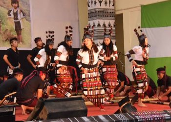 young boys and girls presenting a dance sequence at Sikpui Ruoi Festival of Hmar community in Imphal at Tribal research institute Imphal on wednesday (1)