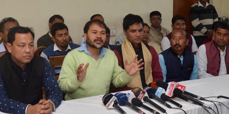 Akhil Gogoi Advisor Krishak Mukti Sangram Samiti (KMSS), along with 70th ethic organisations jointly addressing a press conference oppose the Citizenship (Amendment) Bill, 2016, at KMSS Head Office, in Guwahati on 02-01-19.pix by UB PHOTOS