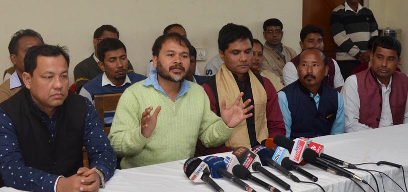 Akhil Gogoi Advisor Krishak Mukti Sangram Samiti (KMSS), along with 70th ethic organisations jointly addressing a press conference oppose the Citizenship (Amendment) Bill, 2016, at KMSS Head Office, in Guwahati on 02-01-19.pix by UB PHOTOS