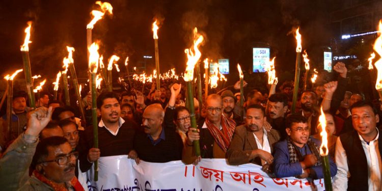 KMSS and other 70 organigation activities taking out a torch light rally protest against citizenship amendment bill 2016 in Guwahati on 23-01-19.pix by UB Photos