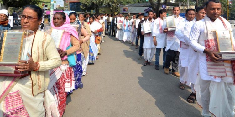 Over 860 martyrs of the Assam Agitation intact, the martyrs families of the State towards to DC (metro ) office to return the honour given to them by the present State Government protest against Citizenship (Amendment) Bill,2016 is passed in Guwahati on 30-01-19.Pix by UB Photos