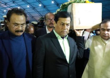 Assam CM Sonowal, minister Himanta Biswa Sarma carried the coffin of the martyred CRPF jawan at the Air Force Station in Borjhar