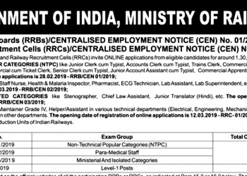 Massive recruitment drive, 2019 by Indian Railways: NTPC/ Paramedical Staff/ Grade IV/ Other Posts (130,000 Posts)