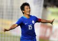 India's Bhaichung Bhutia celebrates the