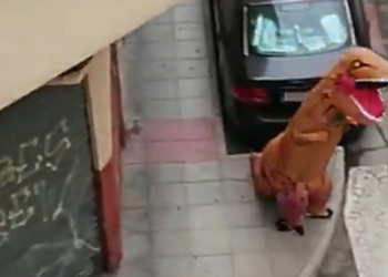 Amid Coronavirus lockdown, man in Spain leaves house wearing dinosaur costume