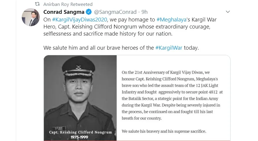 মেঘালয়ৰ কাৰ্গিল হিৰো কেপ্তেইন কেইচিং ক্লিফোৰ্ড ন’নগ্ৰুমক স্মৰণ মুখ্য মন্ত্ৰী কনৰাড চাংমাৰ