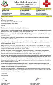 IMA’s Assam branch expresses great resentment and reservations on the recent policy changes of the state Govt. on the management of Covid-19 situation