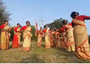 অসমীয়া সাত বিহুৰ জেং বিহুৰ পৰম্পৰা ৰক্ষা কৰি টীয়কৰ পথাৰত এদল মহিলাৰ জেং বিহু