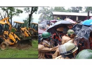 বৰষুণক নেওচি চাহ শ্ৰমিকৰ প্ৰতিবাদ; তাৰ মাজতে ডলু চাহ বাগিছাত চলিল প্ৰশাসনৰ বুলডজাৰ
