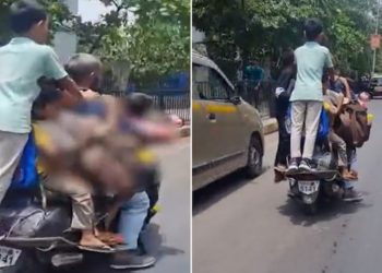 স্কুল বাছ নে স্কুটি! সাত শিশুক স্কুটিত উঠাই লৈ গৈছিল বিদ্যালয়, হ’ল ৰঙাঘৰৰ আলহী