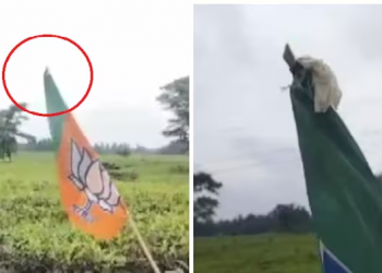 Condom stuck on BJP flag