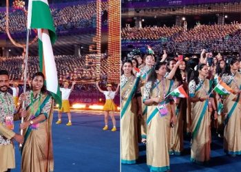 পিন্ধনত খাকী শাৰী আৰু কুৰ্তা: এছিয়ান গেমছৰ উদ্বোধনী অনুষ্ঠানত পতাকা কঢ়িয়ালে লাভলীনা-হৰমনপ্ৰীতে