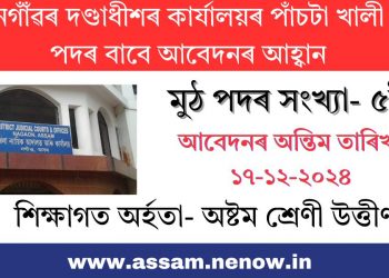 নগাঁঁৱৰ দণ্ডাধীশৰ কাৰ্যালয়ৰ পাঁচটা খালী পদৰ বাবে আবেদনৰ আহ্বান