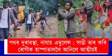 পথৰ দুৰাৱস্থা, নাযায় এম্বুলেন্স : সাঙী ভাৰ কৰি গৰ্ভৱতীক হাস্পাতাললৈ আনিলে আত্মীয়ই