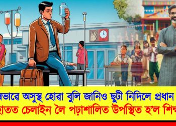 গুৰুতৰভাৱে অসুস্থ হোৱা বুলি জানিও ছুটী নিদিলে প্ৰধান শিক্ষকে : হাতত চেলাইন লৈ পঢ়াশালিত উপস্থিত হ’ল বিষয় শিক্ষক