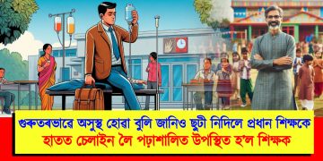 গুৰুতৰভাৱে অসুস্থ হোৱা বুলি জানিও ছুটী নিদিলে প্ৰধান শিক্ষকে : হাতত চেলাইন লৈ পঢ়াশালিত উপস্থিত হ’ল বিষয় শিক্ষক