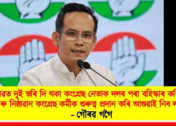 দুই নাৱত দুই ভৰি দি থকা কংগ্ৰেছ নেতাক দলৰ পৰা বহিস্কাৰ কৰি কট্টৰ আৰু নিষ্ঠাৱান কংগ্ৰেছ কৰ্মীক গুৰুত্ব প্ৰদান কৰি আগুৱাই নিব লাগে : গৌৰৱ গগৈ