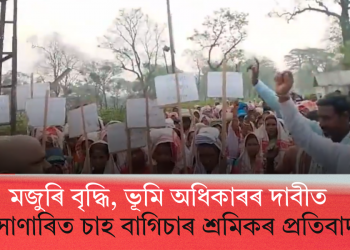 মজুৰি বৃদ্ধি, ভূমি অধিকাৰৰ দাবীত সোণাৰিত চাহ বাগিচাৰ শ্ৰমিকৰ প্ৰতিবাদ
