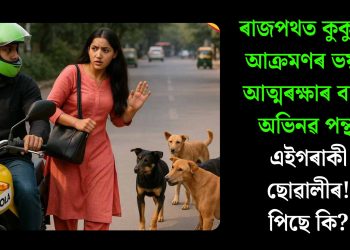 ৰাজপথত কুকুৰৰ আক্ৰমণৰ ভয়ত আত্মৰক্ষাৰ বাবে অভিনৱ পন্থা এইগৰাকী ছোৱালীৰ! পিছে কি?