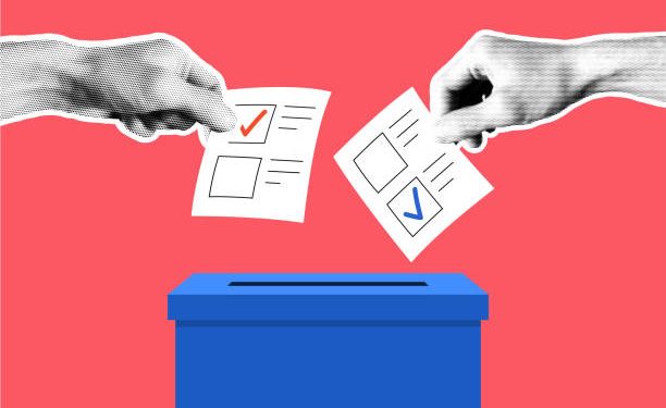 Hand with ballot papers and ballot box. Trendy vintage halftone election event banner.