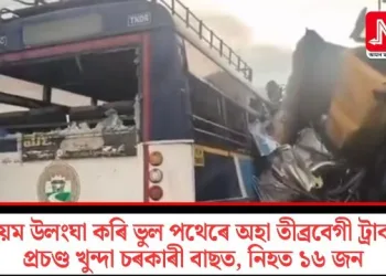 নিয়ম উলংঘা কৰি ভুল পথেৰে অহা তীব্ৰবেগী ট্ৰাকৰ প্ৰচণ্ড খুন্দা চৰকাৰী বাছত, নিহত ১৬ জন