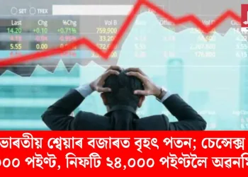যুদ্ধৰ প্ৰভাৱ! ভাৰতীয় শ্বেয়াৰ বজাৰত বৃহৎ পতন; চেন্সেক্স ২০০০ পইণ্ট, নিফটি ২৪,০০০ পইণ্টলৈ অৱনমিত