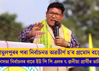 তামুলপুৰৰ পৰা নিৰ্বাচনত অৱতীৰ্ণ হ’ব প্ৰমোদ বড়ো: অসম বিধানসভা নিৰ্বাচনৰ বাবে ইউ পি পি এলৰ ৭ জনীয়া প্ৰাৰ্থীৰ তালিকা প্ৰকাশ
