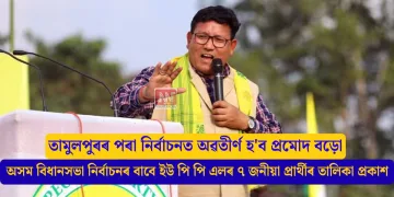 তামুলপুৰৰ পৰা নিৰ্বাচনত অৱতীৰ্ণ হ’ব প্ৰমোদ বড়ো: অসম বিধানসভা নিৰ্বাচনৰ বাবে ইউ পি পি এলৰ ৭ জনীয়া প্ৰাৰ্থীৰ তালিকা প্ৰকাশ